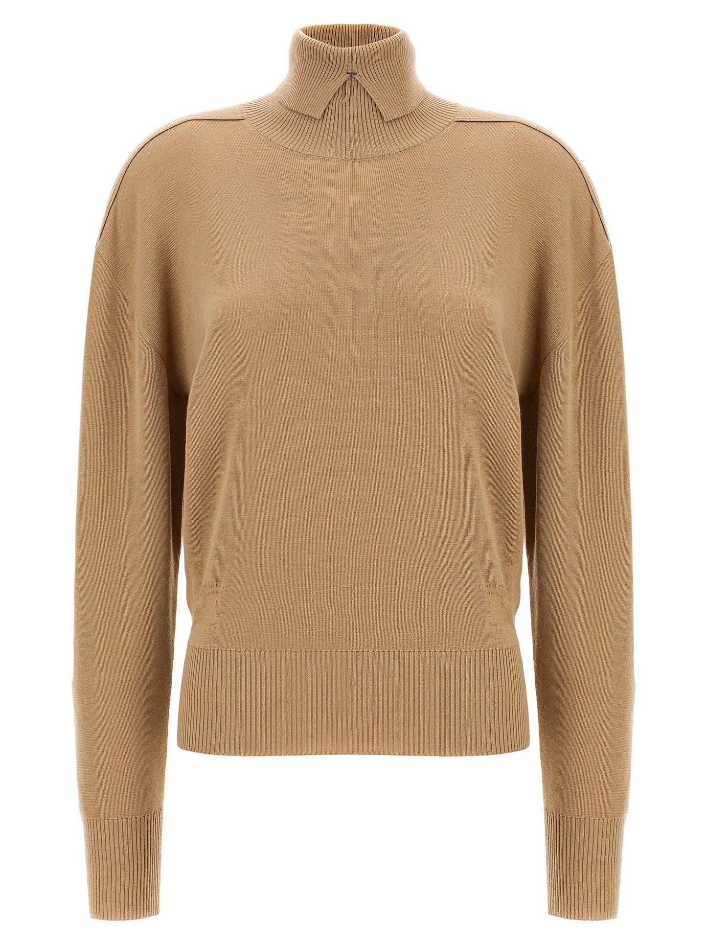 Cardigan by Burberry for women in wool beige features an impeccable silhouette, showcasing a sophisticated split high-neck neckline and long-sleeve detail for a truly impeccable finish.