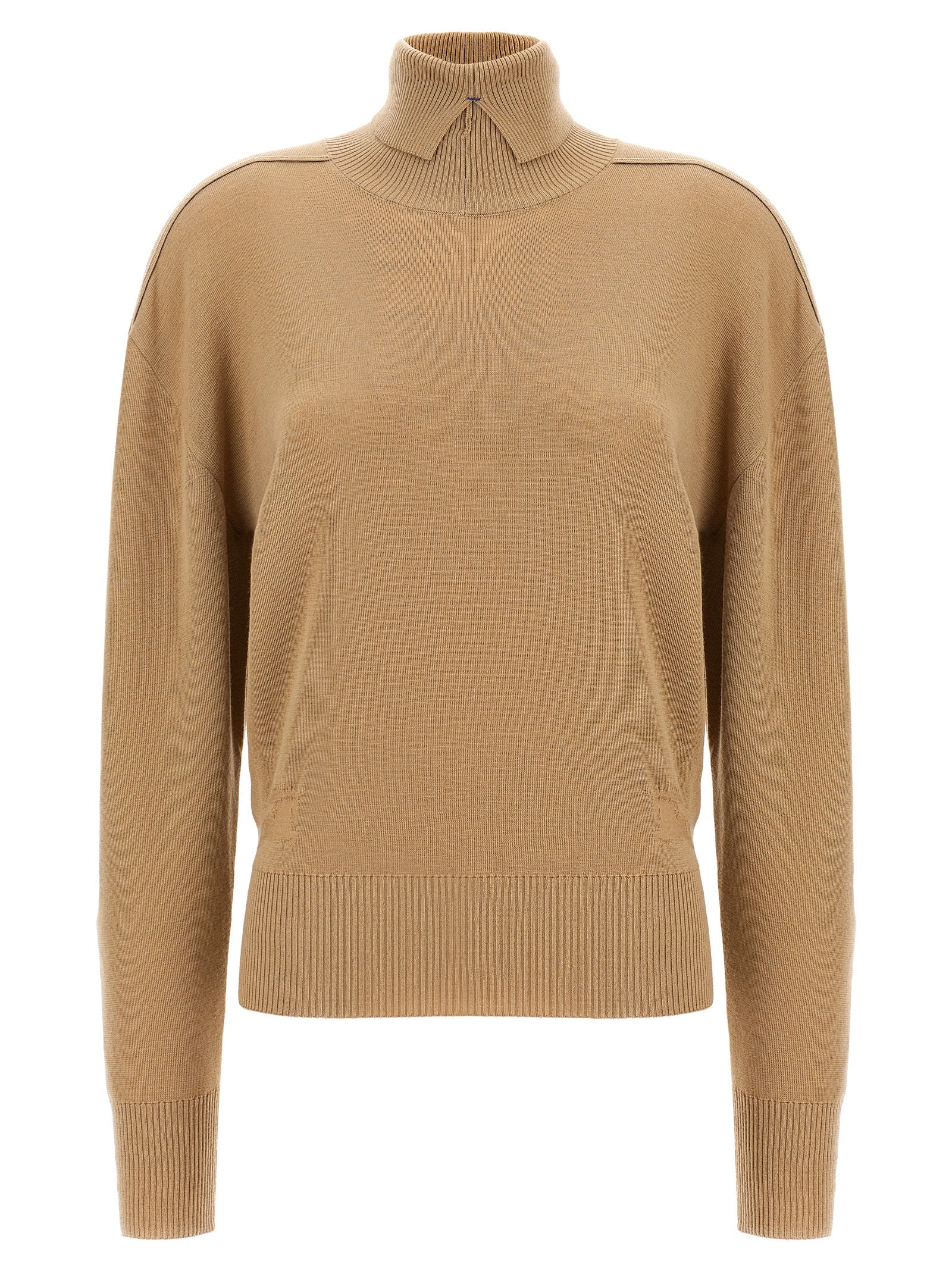 Cardigan by Burberry for women in wool beige features an impeccable silhouette, showcasing a sophisticated split high-neck neckline and long-sleeve detail for a truly impeccable finish.
