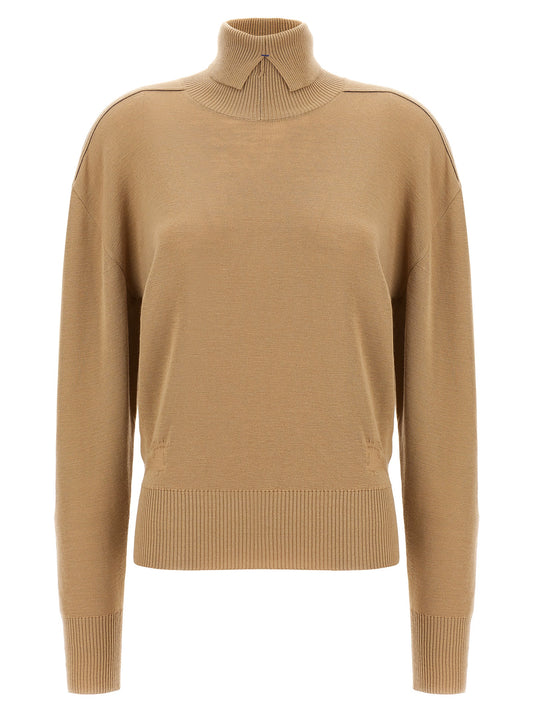 Cardigan by Burberry for women in wool beige features an impeccable silhouette, showcasing a sophisticated split high-neck neckline and long-sleeve detail for a truly impeccable finish.
