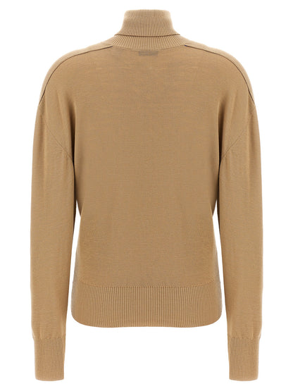 Cardigan by Burberry for women in wool beige showcases a captivating silhouette, artfully detailed with a captivating and split high-neck neckline for a truly sophisticated captivating look.