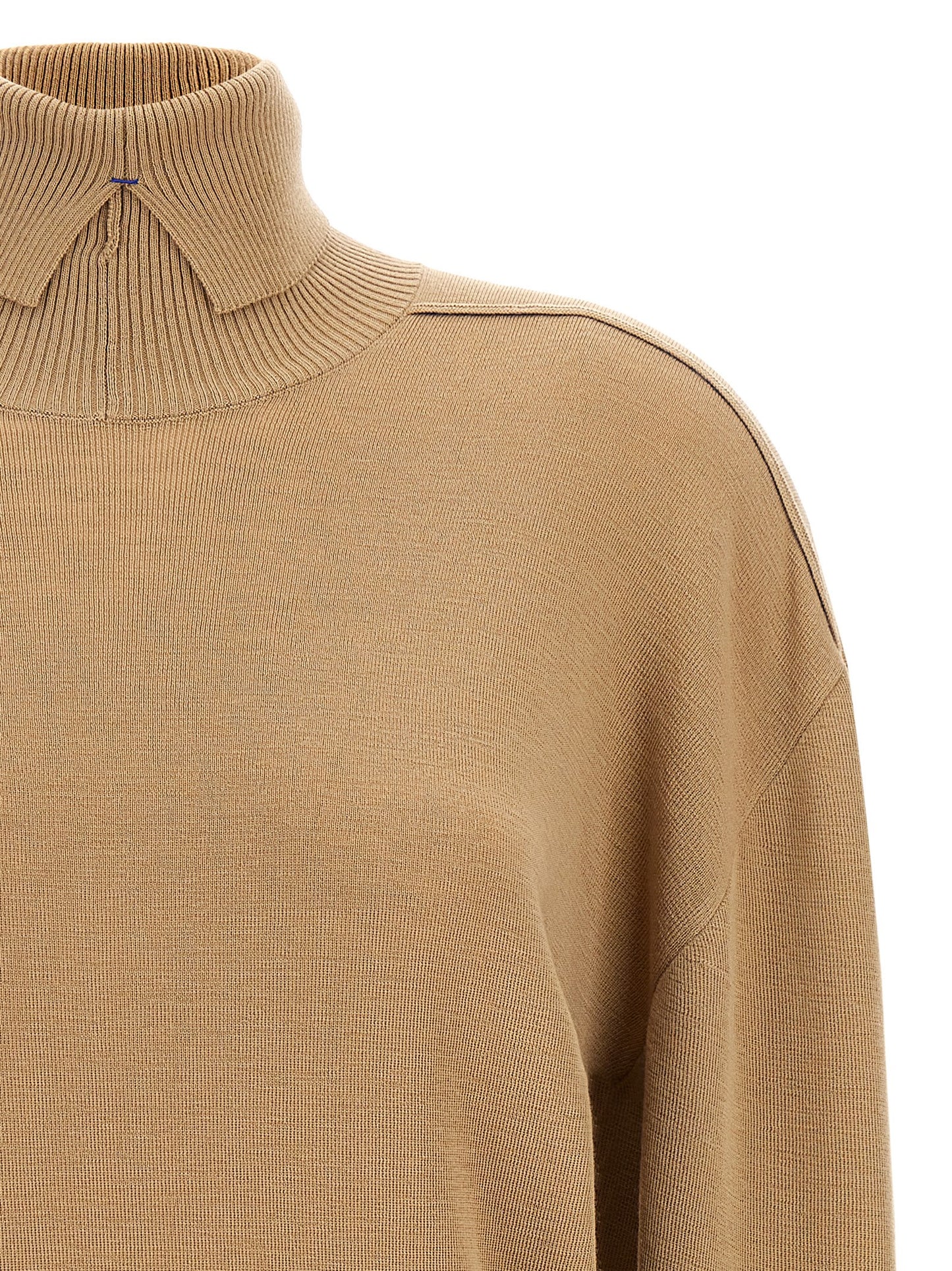 Cardigan by Burberry for women in wool beige features a dramatic silhouette, showcasing a sophisticated split high-neck neckline and dramatic detail for a timeless, premium look.