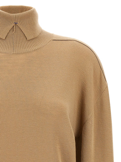 Cardigan by Burberry for women in wool beige features a dramatic silhouette, showcasing a sophisticated split high-neck neckline and dramatic detail for a timeless, premium look.