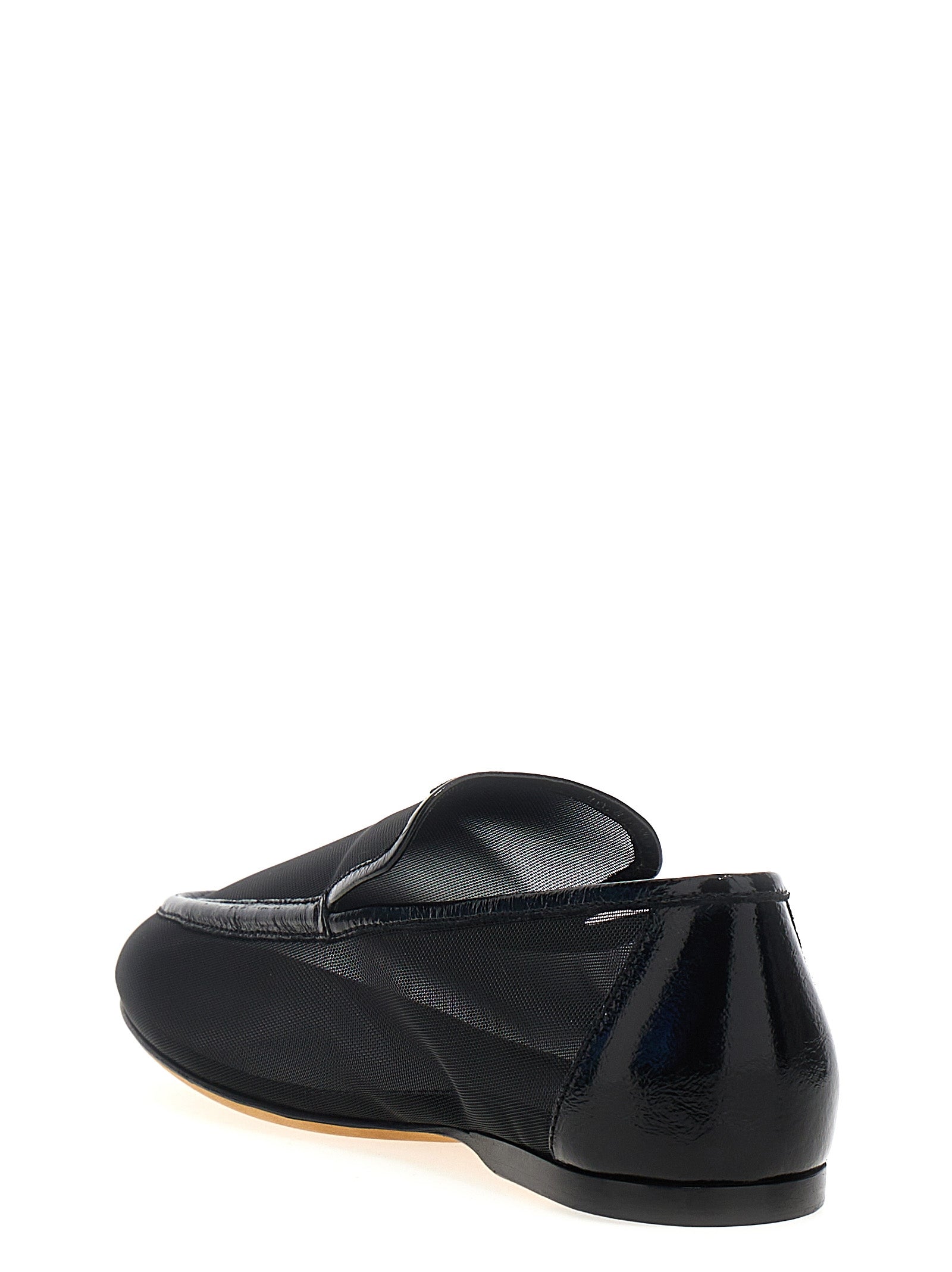 Flat Loafer Slip-On Shoes by Khaite for women in polyamide patent leather black features an effortless chic silhouette, showcasing the Women's Polyamide Patent Leather Flat Loafer Slip-On Shoes design with an effortless chic flat and a for a effortless chic look.