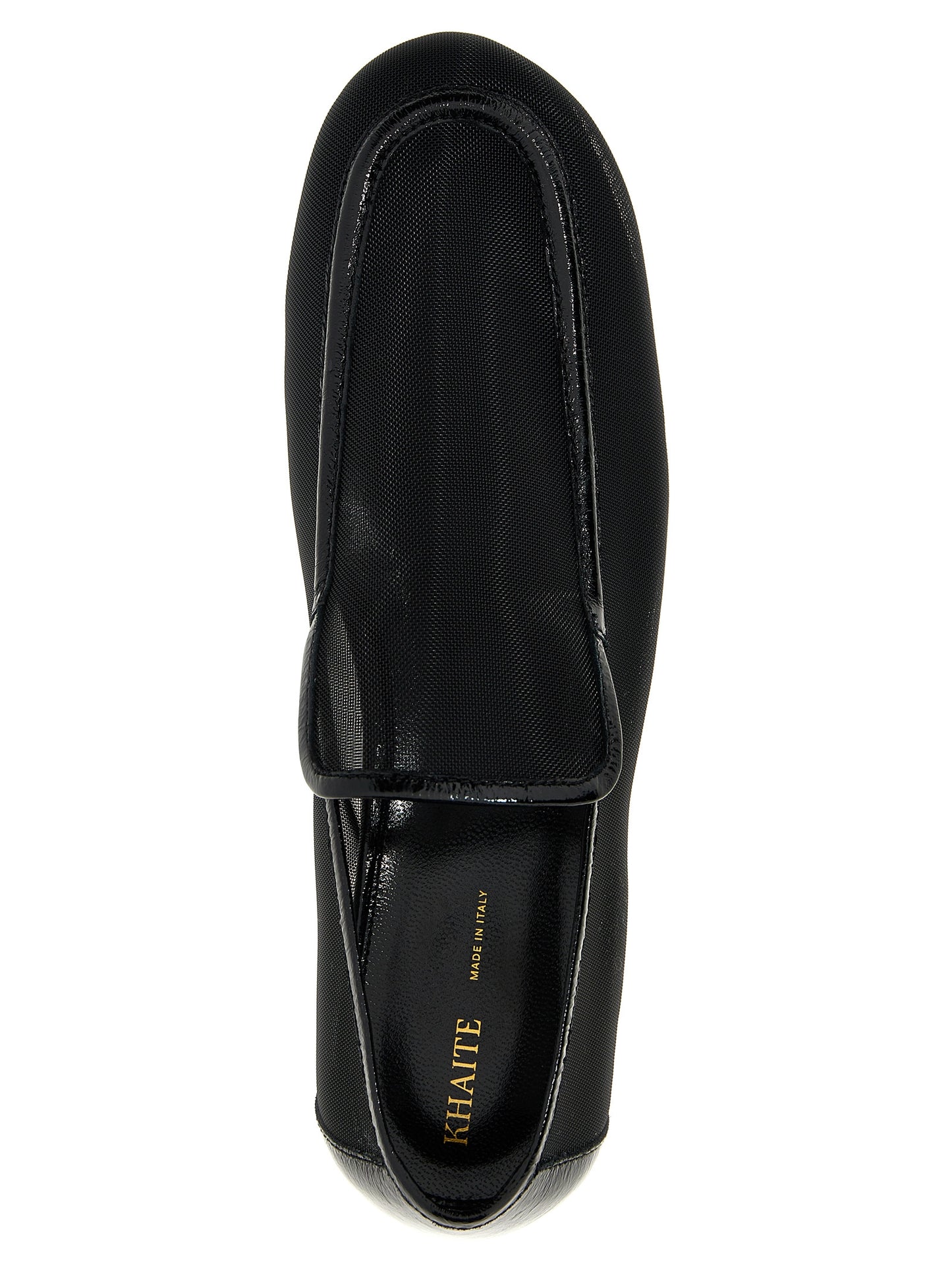 Flat Loafer Slip-On Shoes by Khaite for women in polyamide patent leather black showcases a resplendent Women's Polyamide Patent Leather Flat Loafer Slip-On Shoes aesthetic, defined by its resplendent and elegant flat.