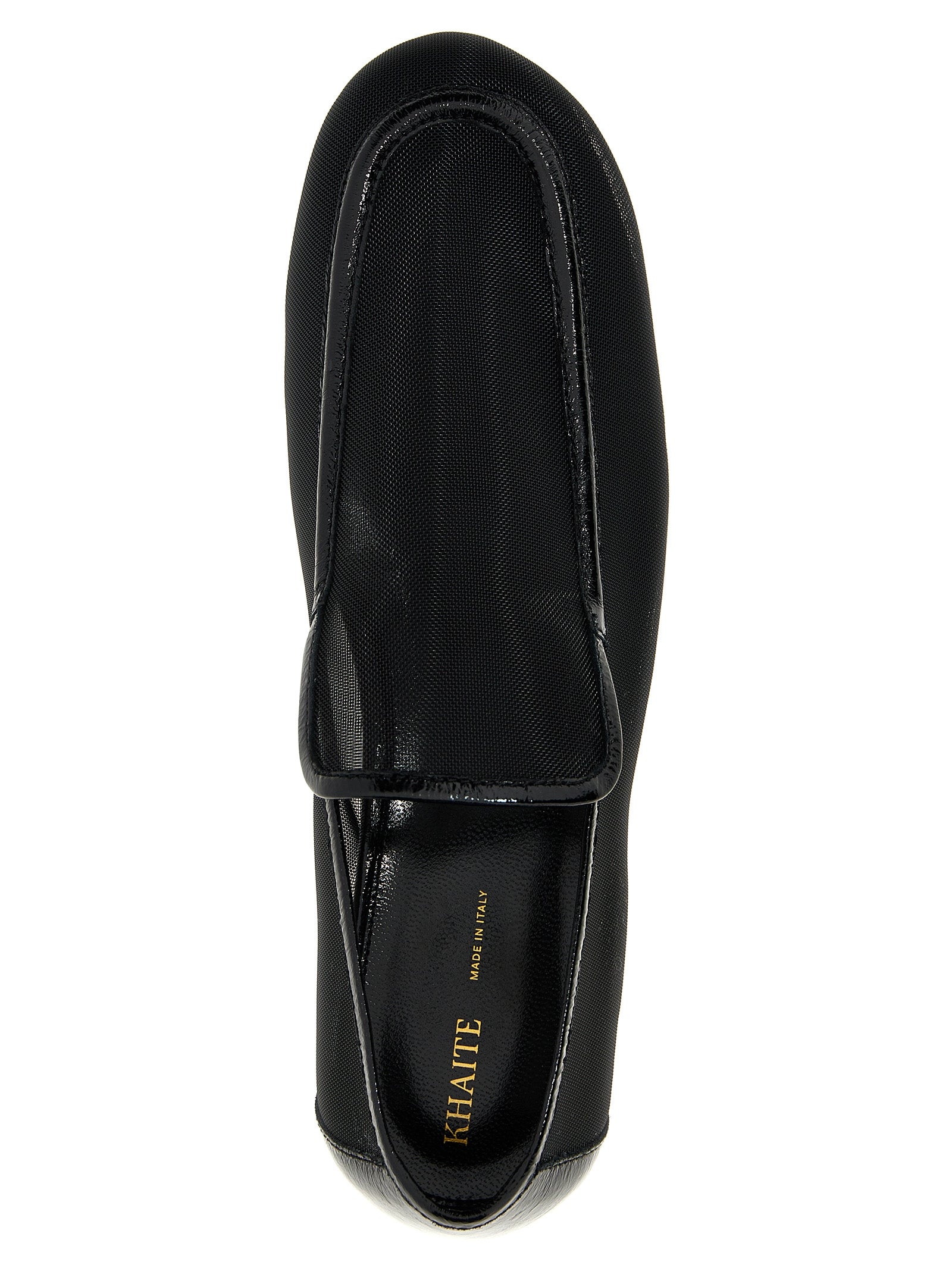 Flat Loafer Slip-On Shoes by Khaite for women in polyamide patent leather black showcases a resplendent Women's Polyamide Patent Leather Flat Loafer Slip-On Shoes aesthetic, defined by its resplendent and elegant flat.