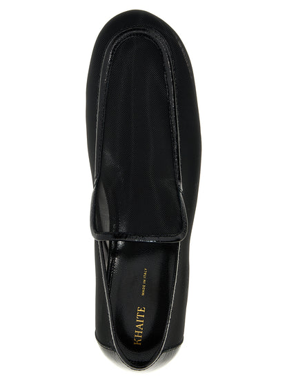 Flat Loafer Slip-On Shoes by Khaite for women in polyamide patent leather black showcases a resplendent Women's Polyamide Patent Leather Flat Loafer Slip-On Shoes aesthetic, defined by its resplendent and elegant flat.