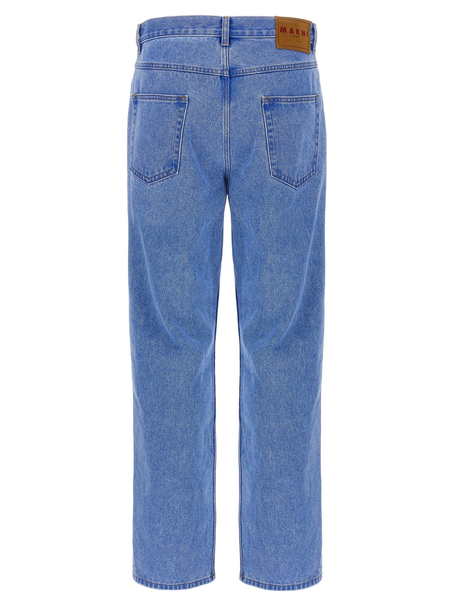 Jeans by Marni for men in denim cotton & suede leather blue presents a tailored silhouette, showcasing a tailored and long cut with a refined for a truly tailored aesthetic.