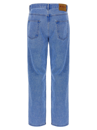 Jeans by Marni for men in denim cotton & suede leather blue presents a tailored silhouette, showcasing a tailored and long cut with a refined for a truly tailored aesthetic.