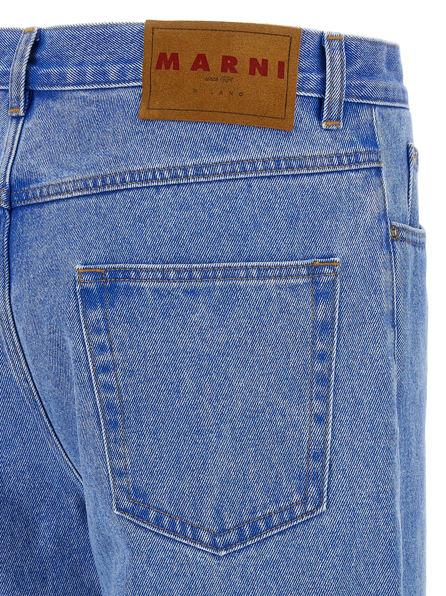 Jeans by Marni for men in denim cotton & suede leather blue features an sartorial and long with a cut for a sartorial finish.