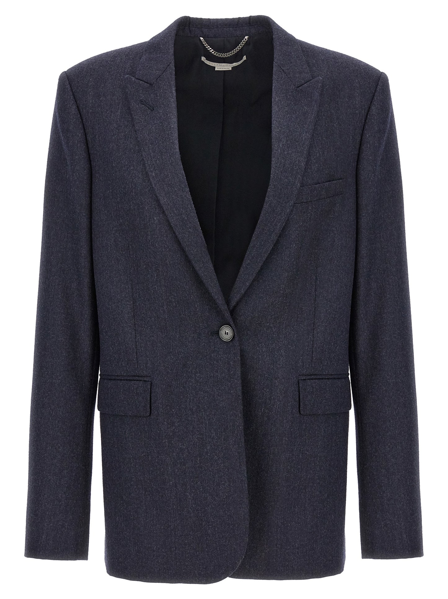 Blazer by Stella McCartney for women in cotton viscose flannel blue presents a distinguished silhouette, detailed with a distinguished split neckline and distinctive for a truly sophisticated finish.