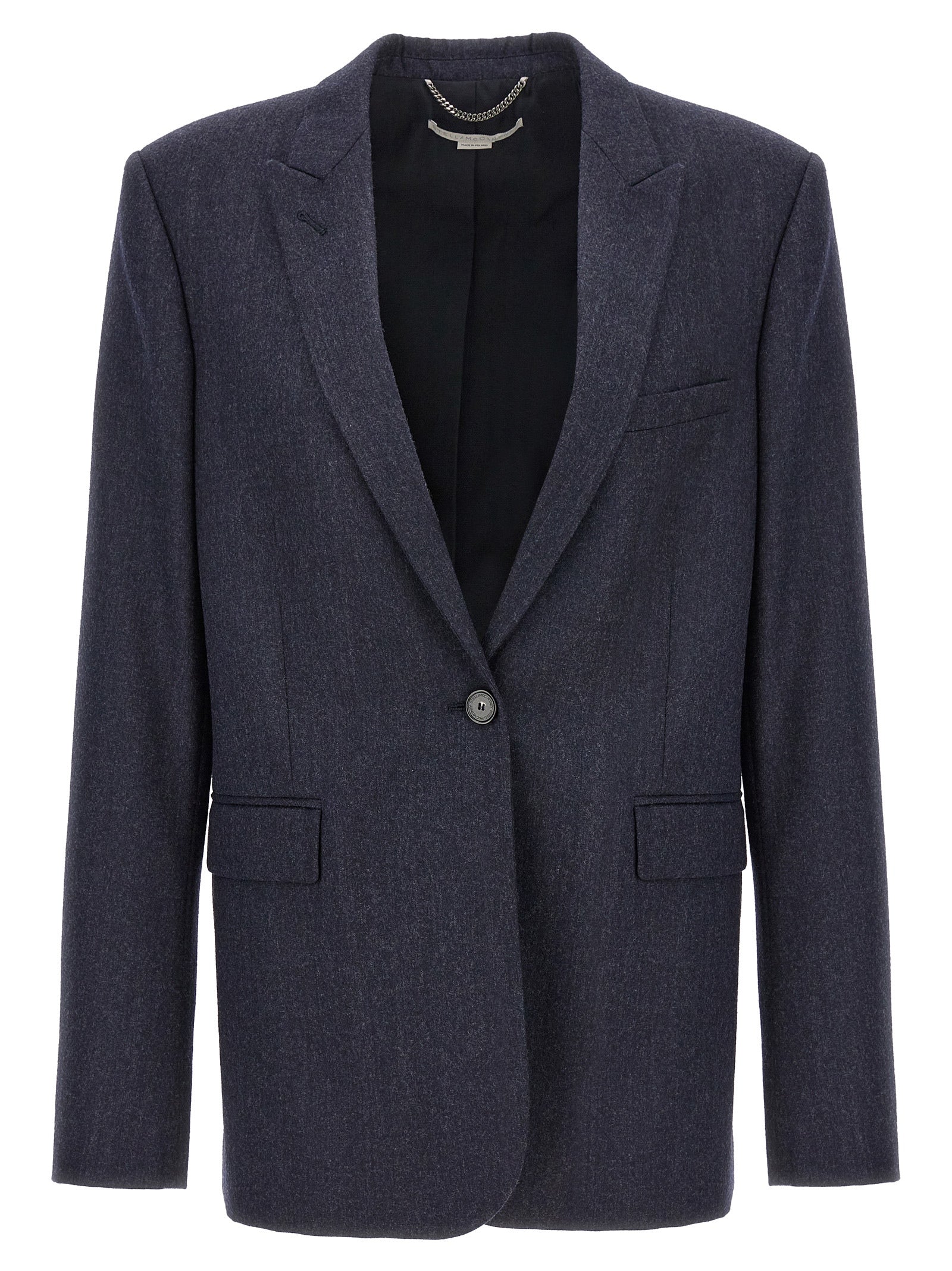 Blazer by Stella McCartney for women in cotton viscose flannel blue presents a distinguished silhouette, detailed with a distinguished split neckline and distinctive for a truly sophisticated finish.