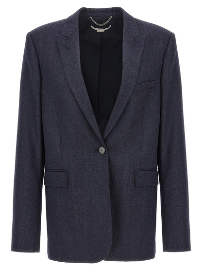 Blazer by Stella McCartney for women in cotton viscose flannel blue presents a distinguished silhouette, detailed with a distinguished split neckline and distinctive for a truly sophisticated finish.