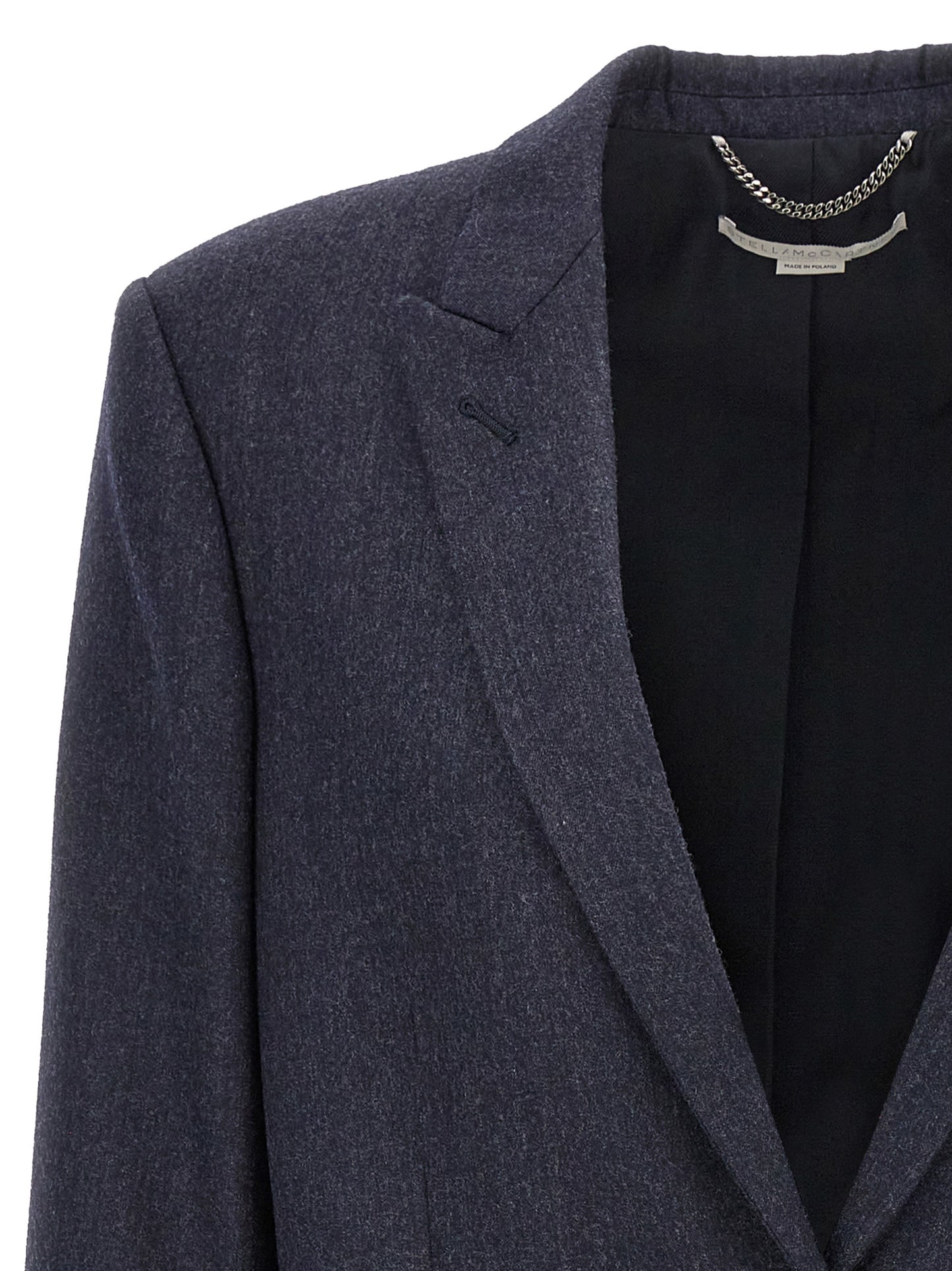 This Blazer by Stella McCartney for women in cotton viscose flannel blue presents a tailored silhouette, meticulously tailored with a tailored split neckline and distinctive for a tailored finish.