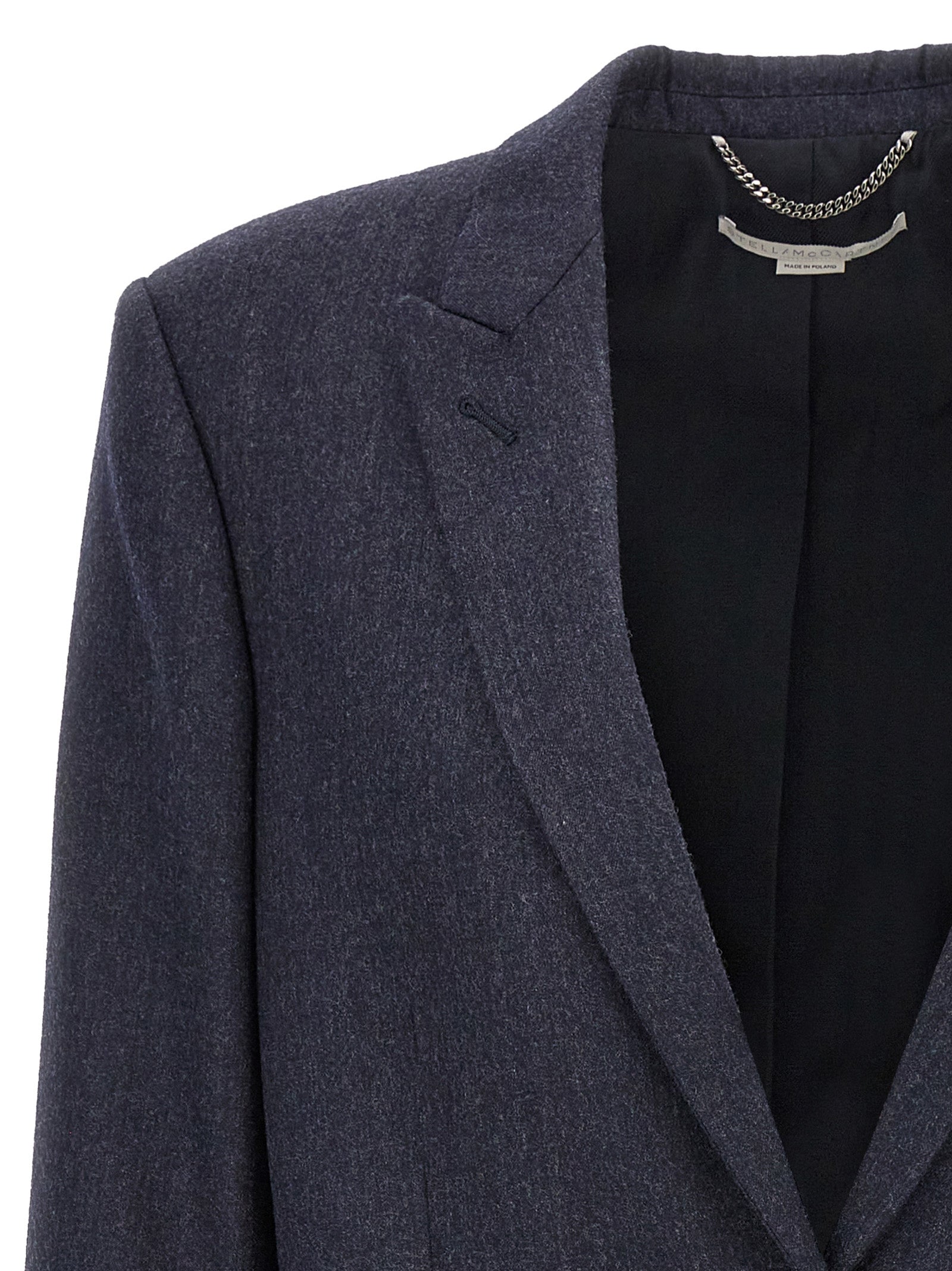 This Blazer by Stella McCartney for women in cotton viscose flannel blue presents a tailored silhouette, meticulously tailored with a tailored split neckline and distinctive for a tailored finish.