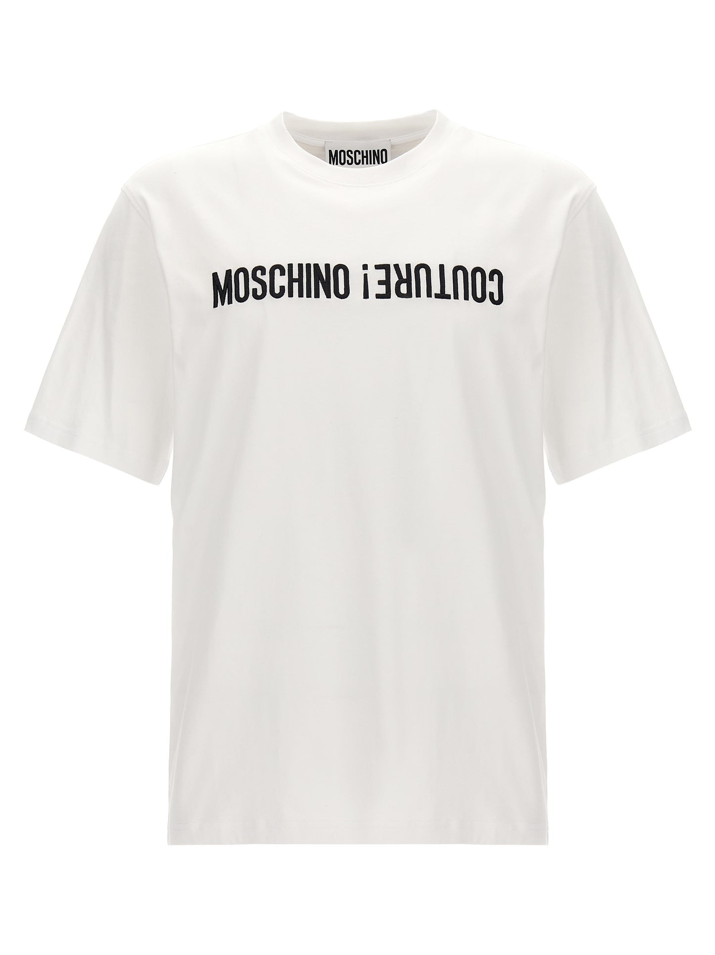 T-Shirt by Moschino for men in cotton bicolour, black & white showcases a unassuming silhouette, artfully detailed with a refined crew neckline and unassuming short-sleeve for a sophisticated, contemporary look.