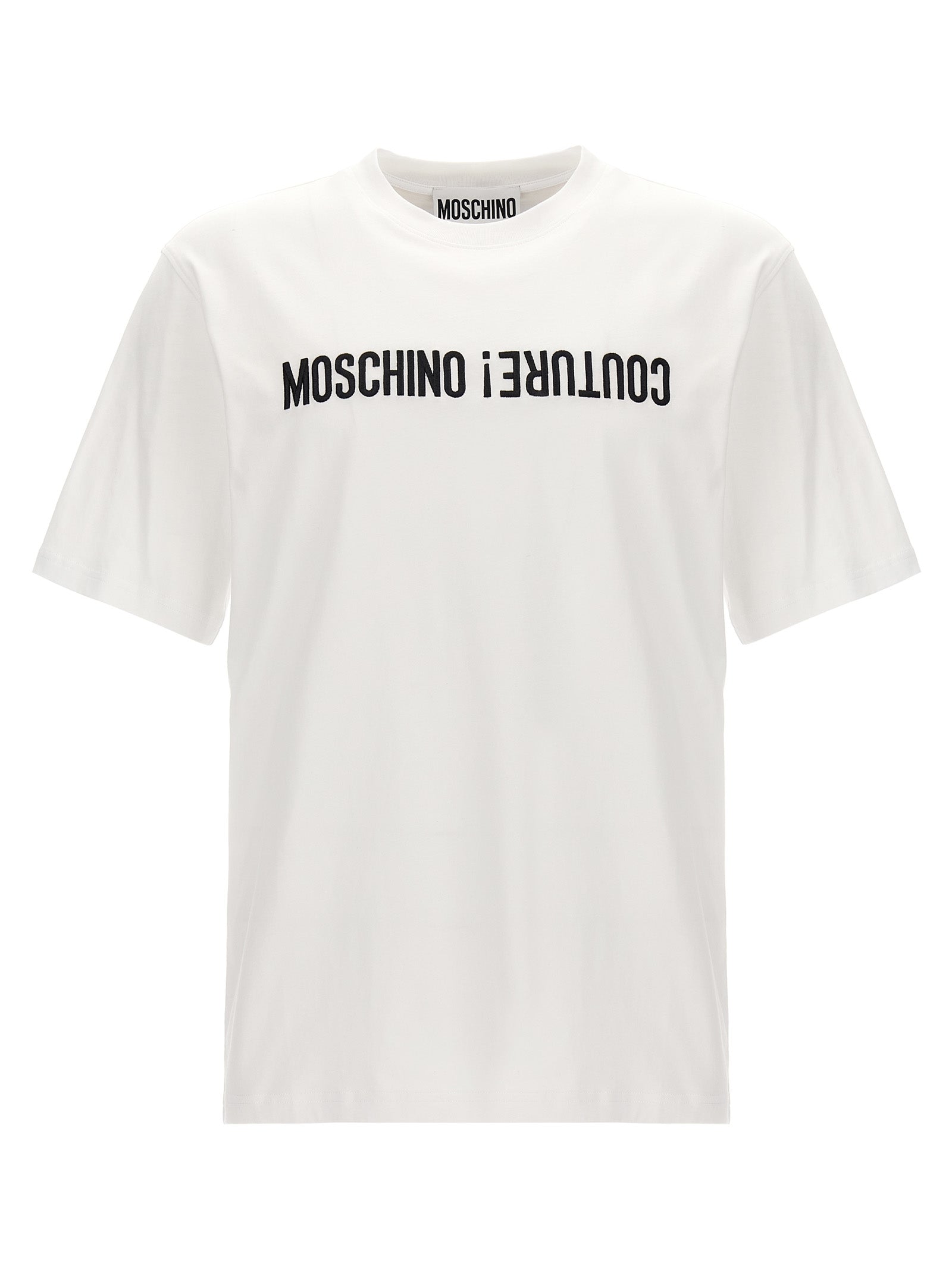T-Shirt by Moschino for men in cotton bicolour, black & white showcases a unassuming silhouette, artfully detailed with a refined crew neckline and unassuming short-sleeve for a sophisticated, contemporary look.