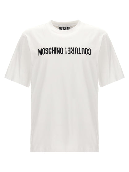 T-Shirt by Moschino for men in cotton bicolour, black & white showcases a unassuming silhouette, artfully detailed with a refined crew neckline and unassuming short-sleeve for a sophisticated, contemporary look.