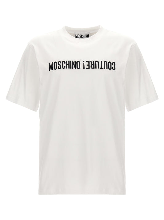 T-Shirt by Moschino for men in cotton bicolour, black & white showcases a unassuming silhouette, artfully detailed with a refined crew neckline and unassuming short-sleeve for a sophisticated, contemporary look.