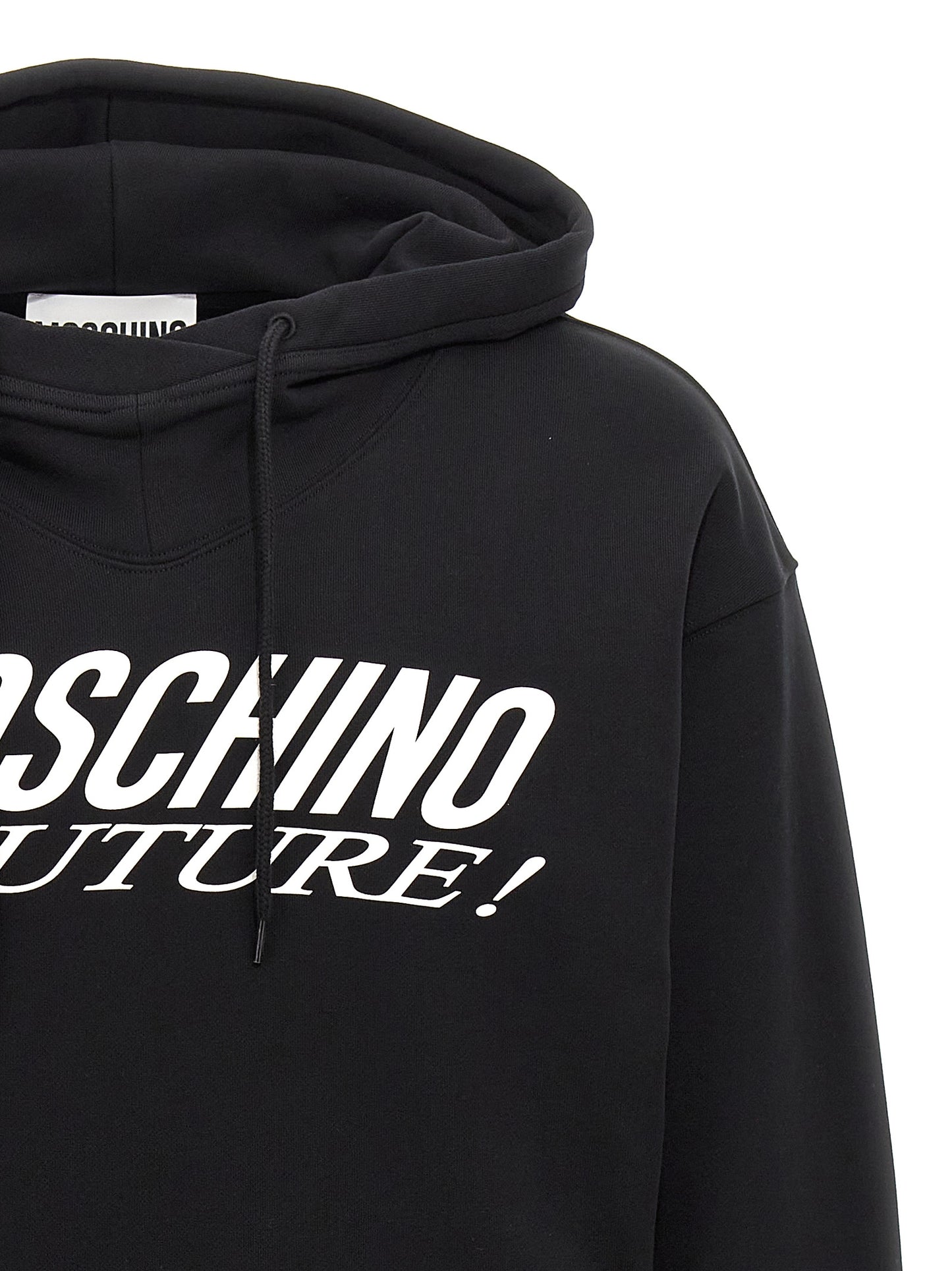 Sweatshirt Hoodie by Moschino for men in cotton bicolour, black, white & print features a slouchy chic silhouette, detailed with a slouchy chic and a signature hooded neckline for an elevated aesthetic.