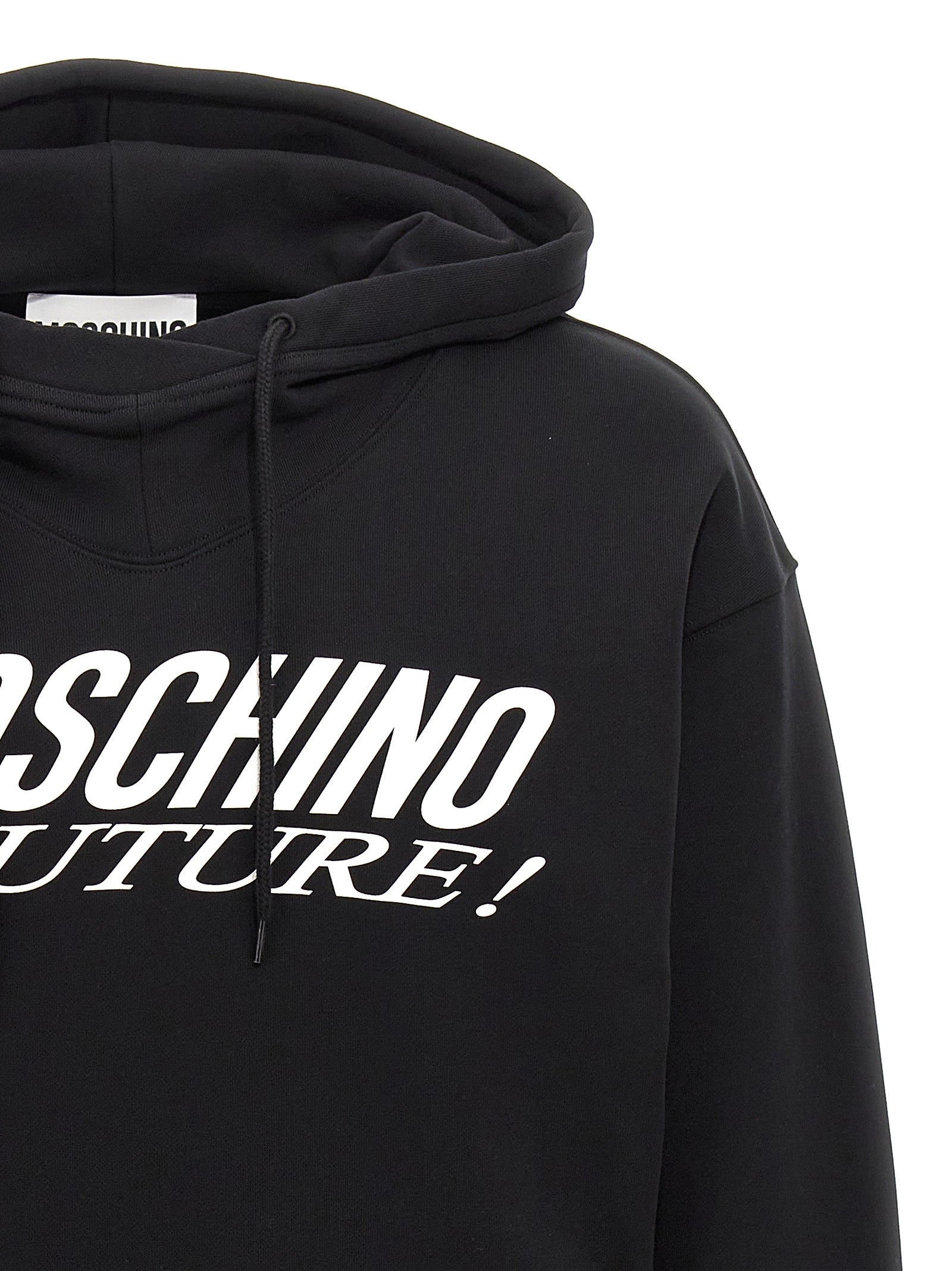 Sweatshirt Hoodie by Moschino for men in cotton bicolour, black, white & print features a slouchy chic silhouette, detailed with a slouchy chic and a signature hooded neckline for an elevated aesthetic.