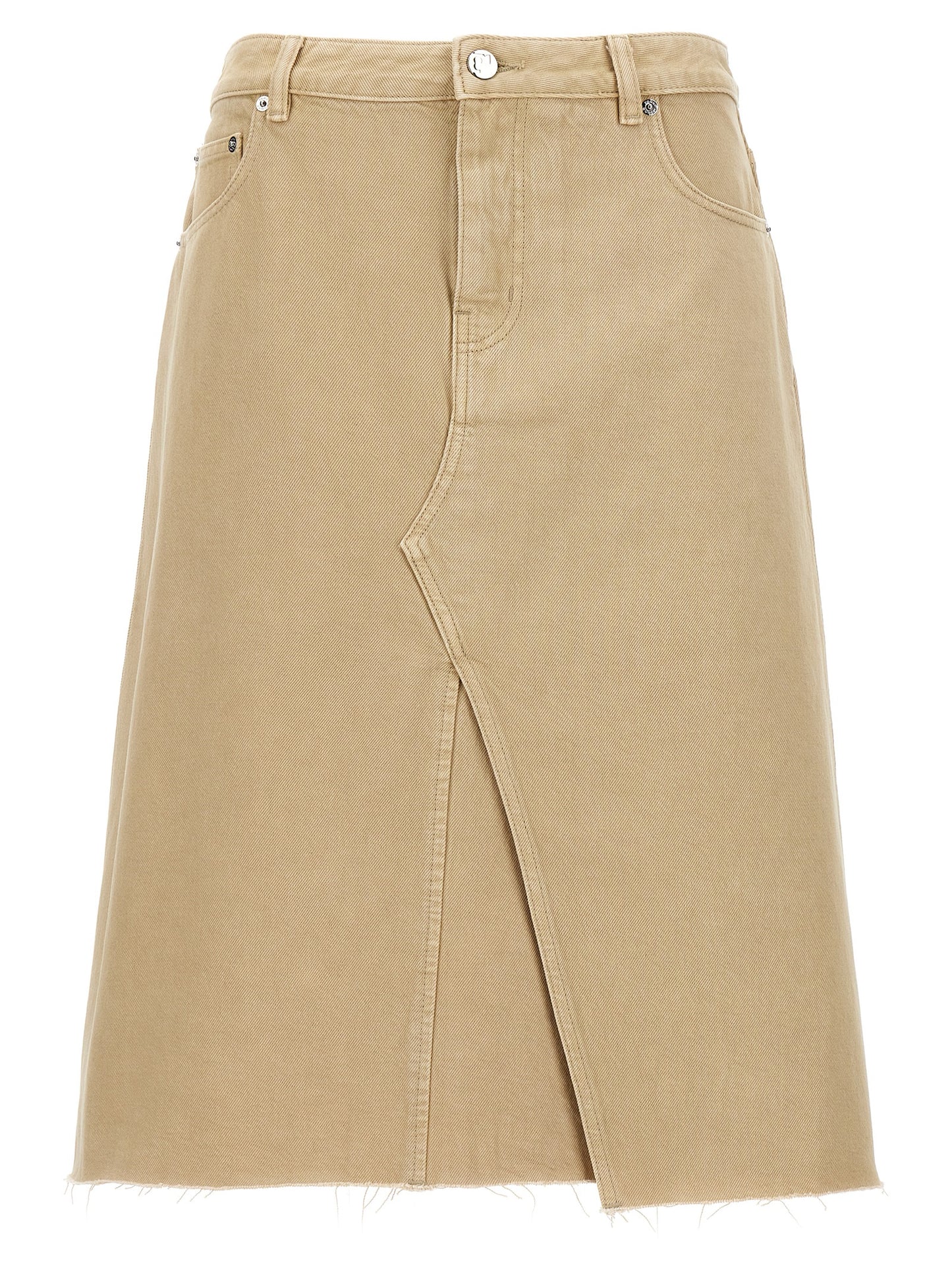 Skirt by Tory Burch for women in denim cotton beige features a sublime silhouette, showcasing the sublime design of the Women's Denim Cotton Midi Skirt in a sophisticated midi.