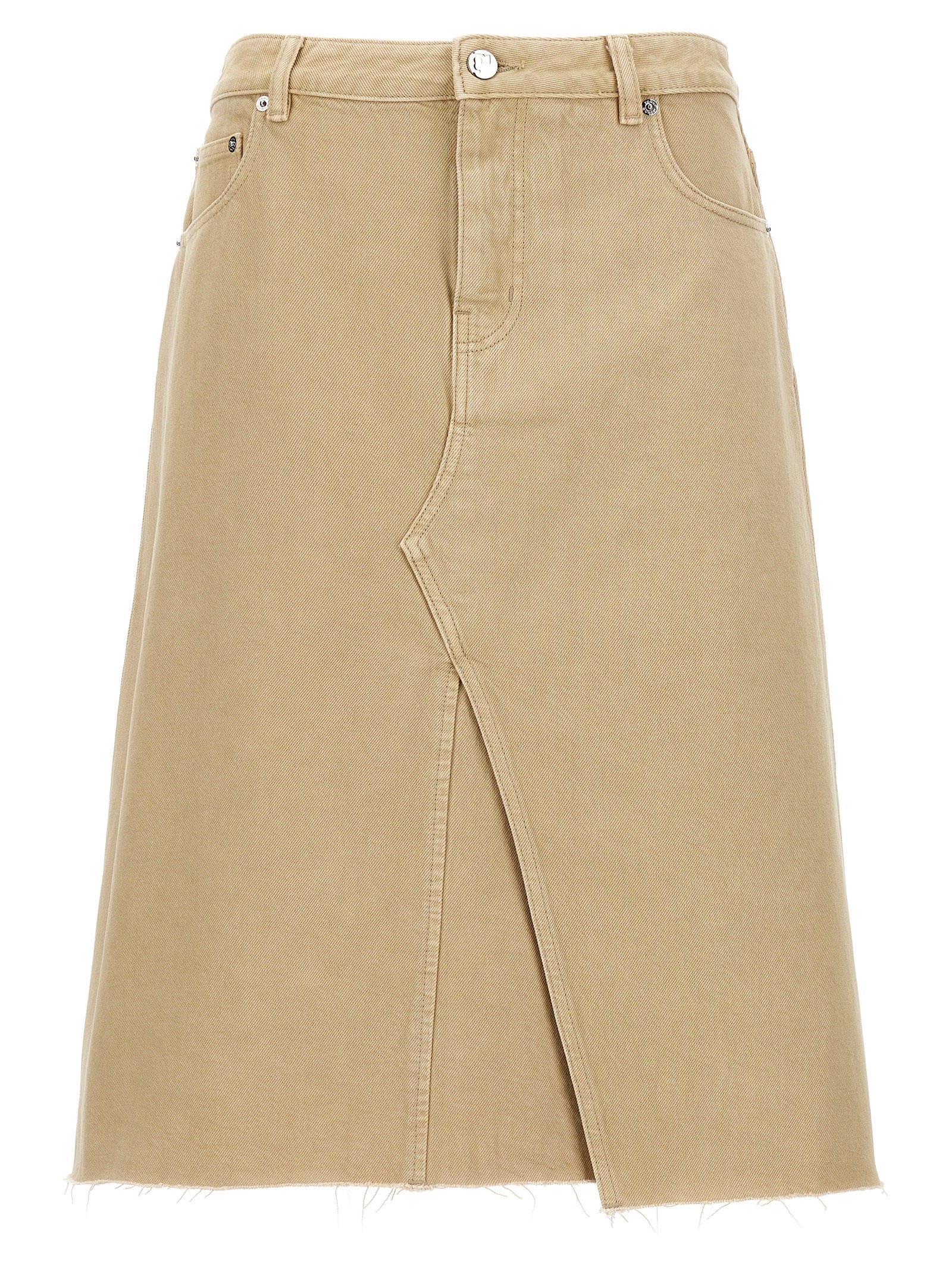 Skirt by Tory Burch for women in denim cotton beige features a sublime silhouette, showcasing the sublime design of the Women's Denim Cotton Midi Skirt in a sophisticated midi.