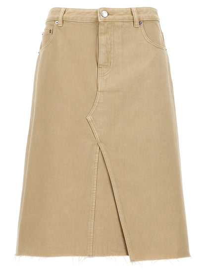 Skirt by Tory Burch for women in denim cotton beige features a sublime silhouette, showcasing the sublime design of the Women's Denim Cotton Midi Skirt in a sophisticated midi.