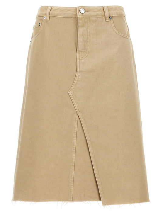 Skirt by Tory Burch for women in denim cotton beige features a sublime silhouette, showcasing the sublime design of the Women's Denim Cotton Midi Skirt in a sophisticated midi.