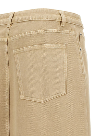 Skirt by Tory Burch for women in denim cotton beige features an tailored silhouette, artfully capturing the essence of Women's Denim Cotton Midi Skirt in a sophisticated midi.