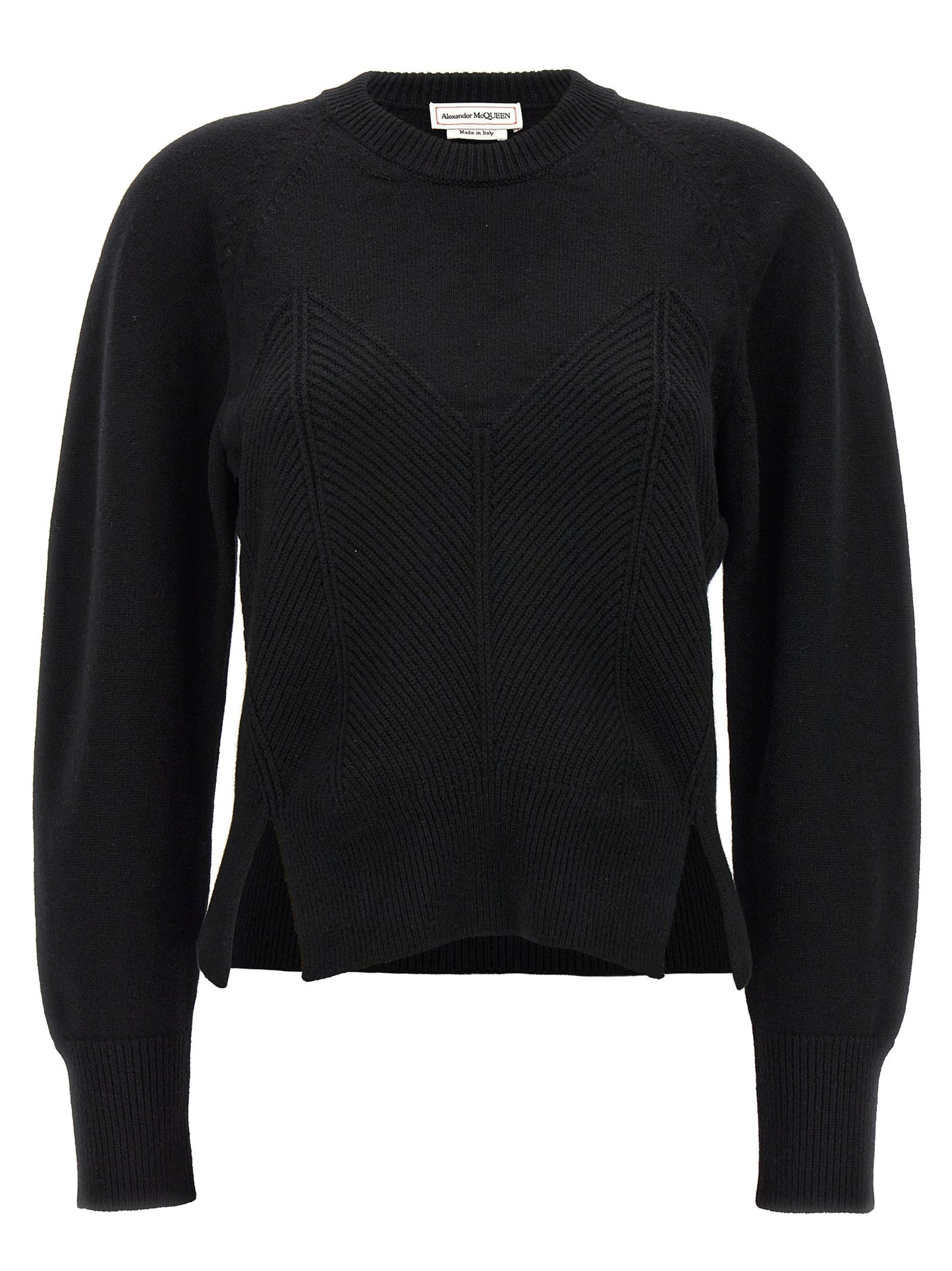 Top by Alexander McQueen for women in cashmere black & chevron showcases a chic silhouette, artfully detailed with a chic crew split neckline and for a sophisticated, chic finish.