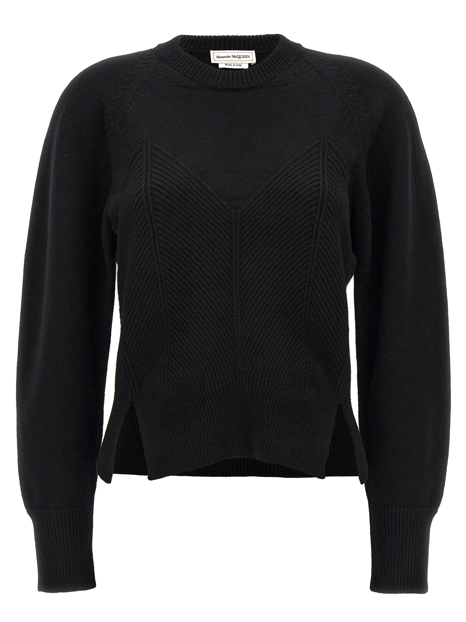 Top by Alexander McQueen for women in cashmere black & chevron showcases a chic silhouette, artfully detailed with a chic crew split neckline and for a sophisticated, chic finish.