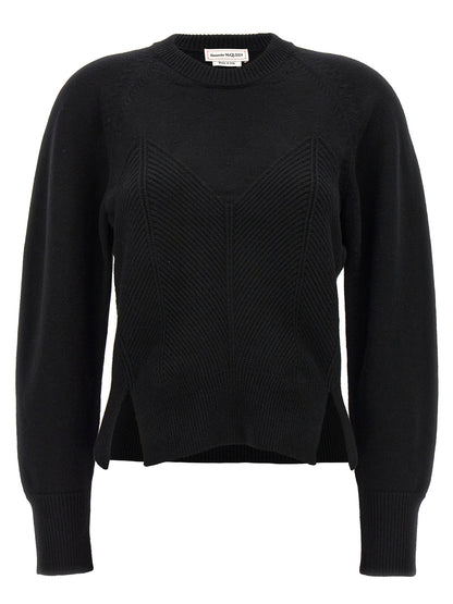 Top by Alexander McQueen for women in cashmere black & chevron showcases a chic silhouette, artfully detailed with a chic crew split neckline and for a sophisticated, chic finish.