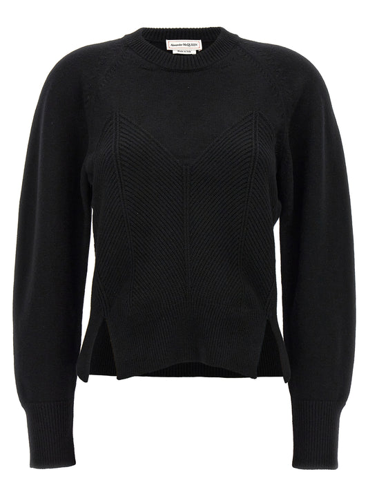 Top by Alexander McQueen for women in cashmere black & chevron showcases a chic silhouette, artfully detailed with a chic crew split neckline and for a sophisticated, chic finish.
