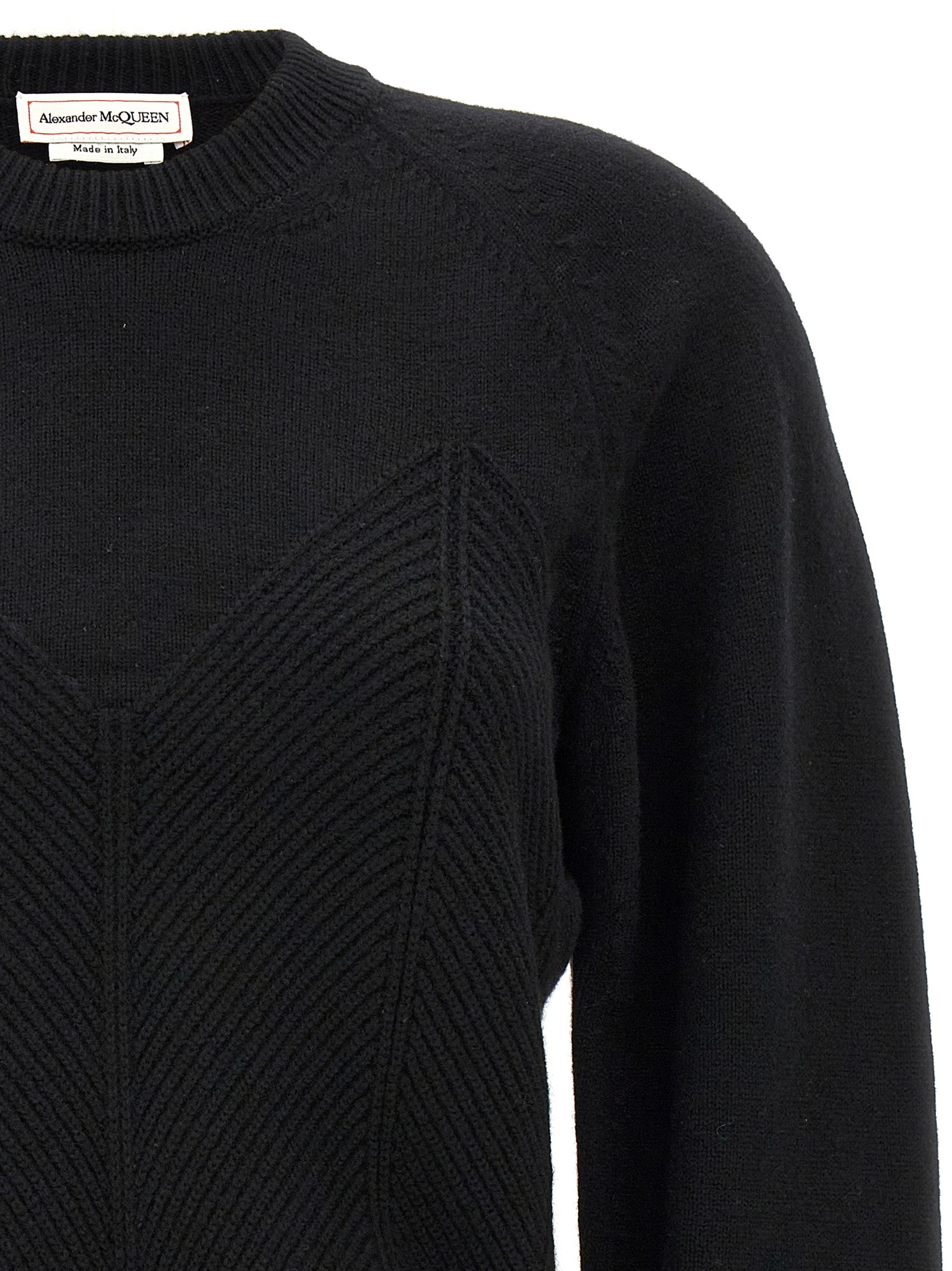 Top by Alexander McQueen for women in cashmere black & chevron features an plush silhouette, artfully detailed with a plush crew split neckline and plush for a truly plush look.