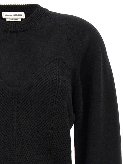 Top by Alexander McQueen for women in cashmere black & chevron features an plush silhouette, artfully detailed with a plush crew split neckline and plush for a truly plush look.
