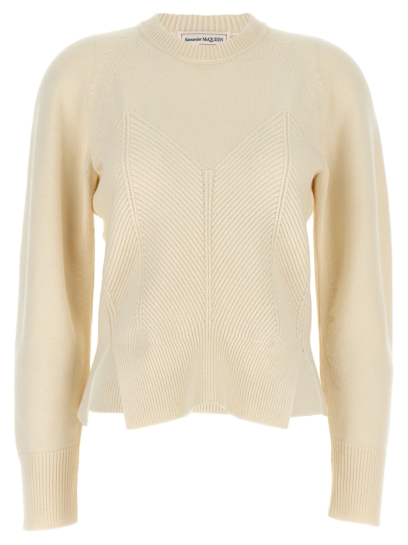 Top by Alexander McQueen for women in cashmere white & chevron features an sumptuous silhouette, showcasing a sophisticated crew split neckline and sumptuous for a refined look.