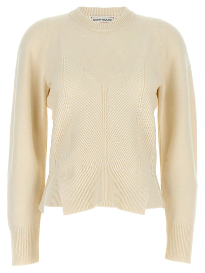 Top by Alexander McQueen for women in cashmere white & chevron features an sumptuous silhouette, showcasing a sophisticated crew split neckline and sumptuous for a refined look.