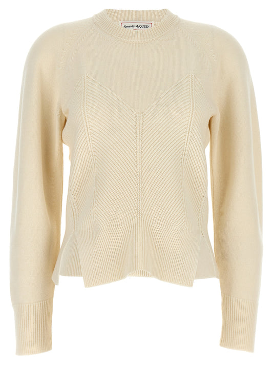 Top by Alexander McQueen for women in cashmere white & chevron features an sumptuous silhouette, showcasing a sophisticated crew split neckline and sumptuous for a refined look.