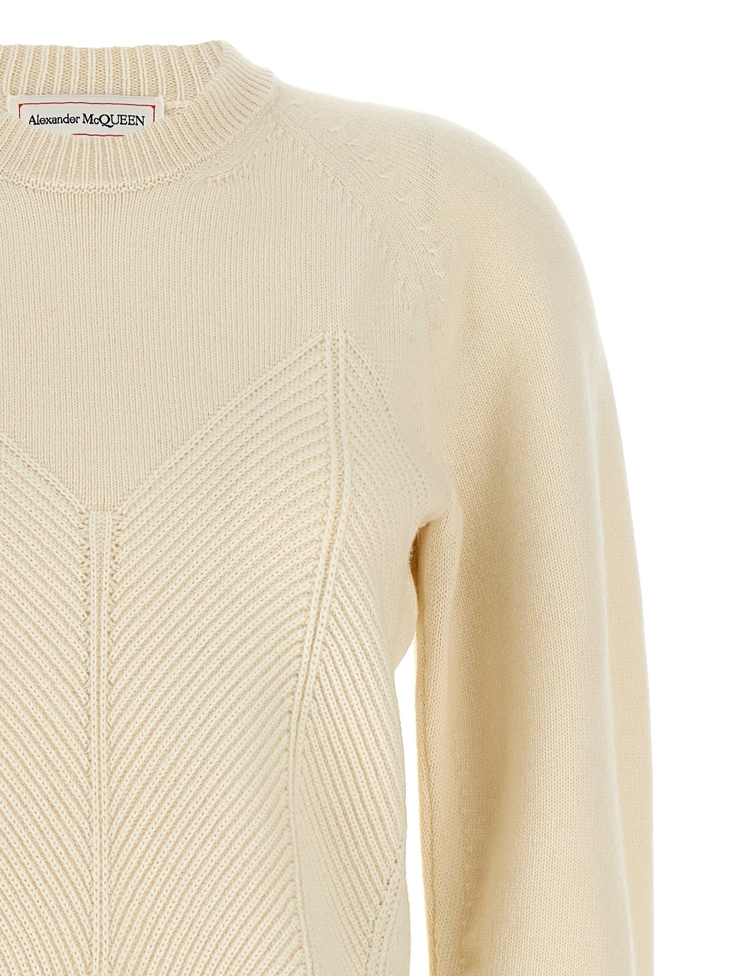 Top by Alexander McQueen for women in cashmere white & chevron features an contemporary silhouette, showcasing a sophisticated crew split neckline and contemporary for a refined look.
