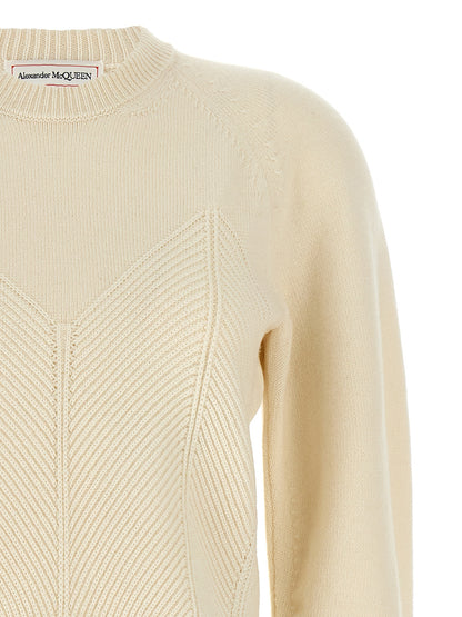 Top by Alexander McQueen for women in cashmere white & chevron features an contemporary silhouette, showcasing a sophisticated crew split neckline and contemporary for a refined look.