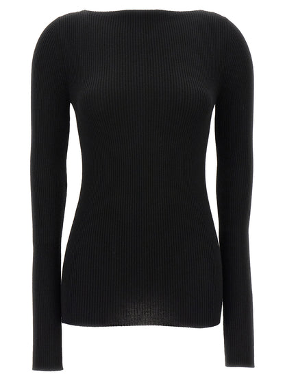 Cardigan by Rick Owens for women in wool black features an impeccable silhouette, showcasing a sophisticated boat neckline and long-sleeve detail for a truly impeccable finish.