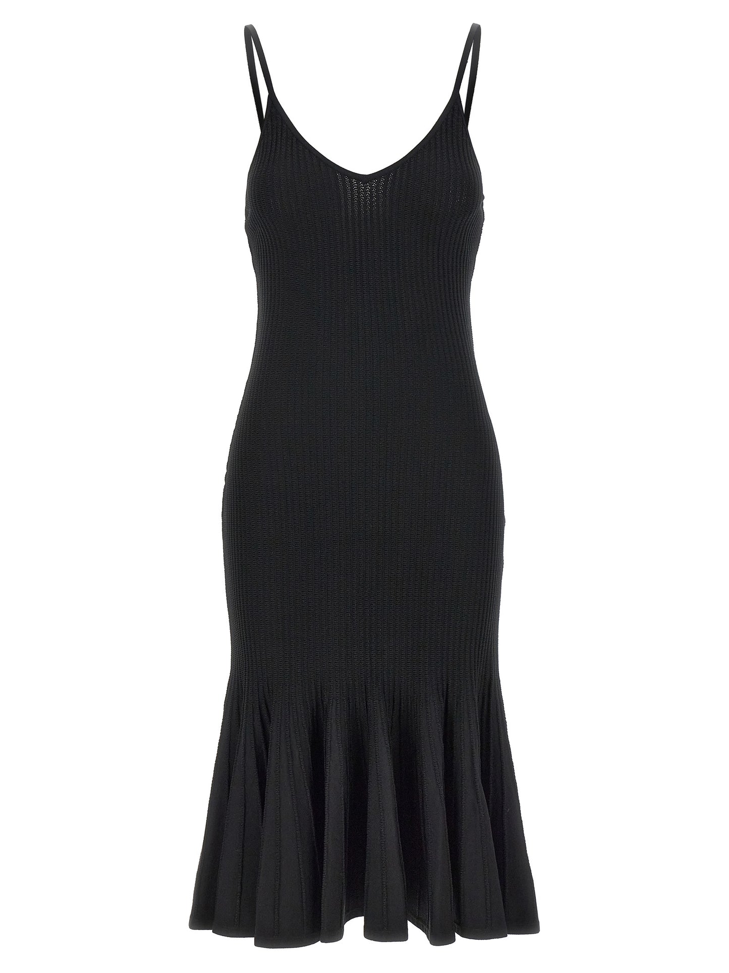 Dress by Khaite for women in polyamide polyester viscose black features an eye catching silhouette with a sophisticated v-neck neckline, elegant , and a refined midi for a eye catching aesthetic.