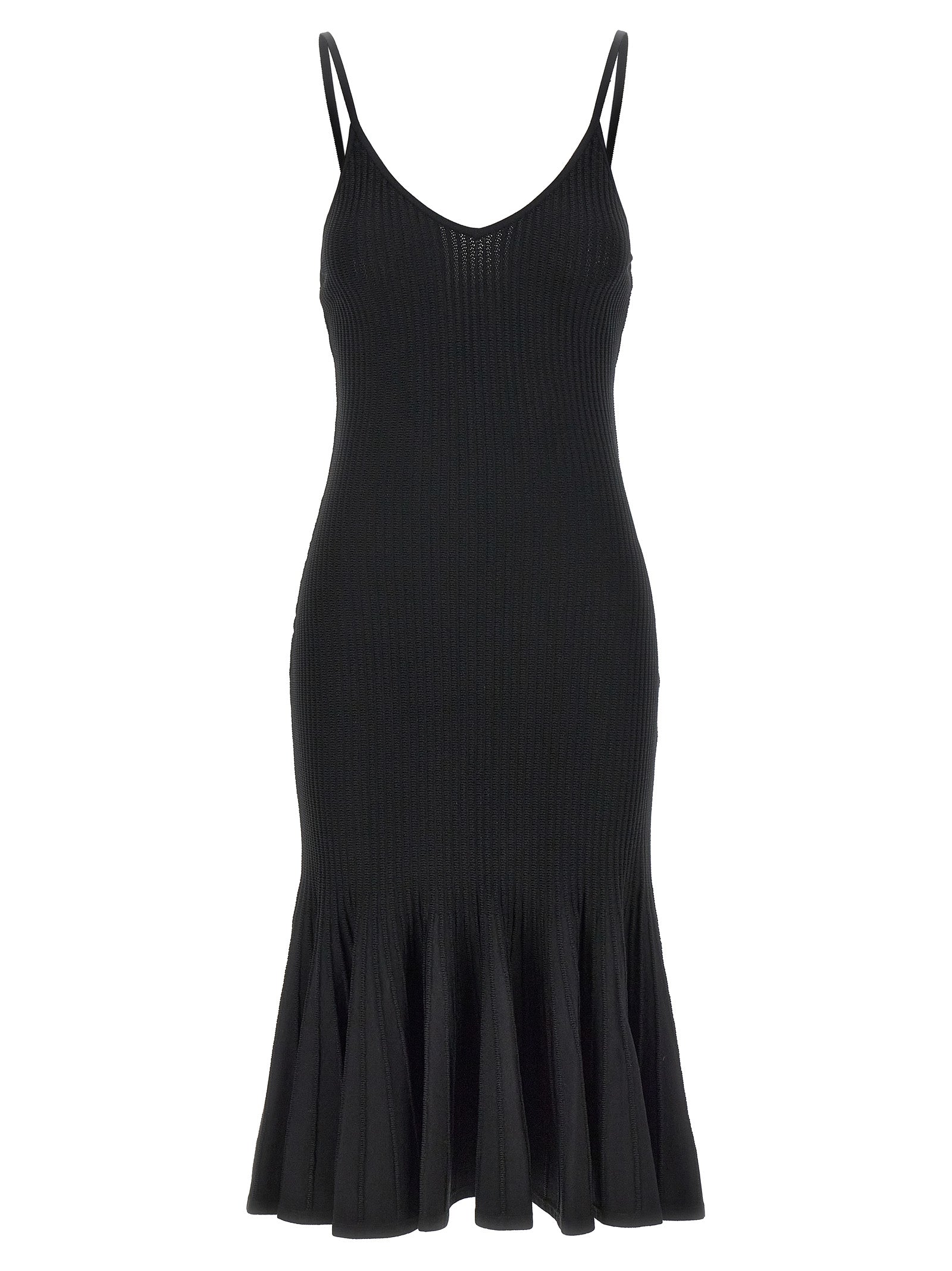 Dress by Khaite for women in polyamide polyester viscose black features an eye catching silhouette with a sophisticated v-neck neckline, elegant , and a refined midi for a eye catching aesthetic.