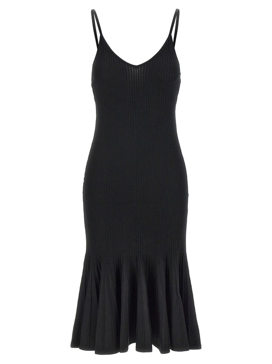 Dress by Khaite for women in polyamide polyester viscose black features an eye catching silhouette with a sophisticated v-neck neckline, elegant , and a refined midi for a eye catching aesthetic.
