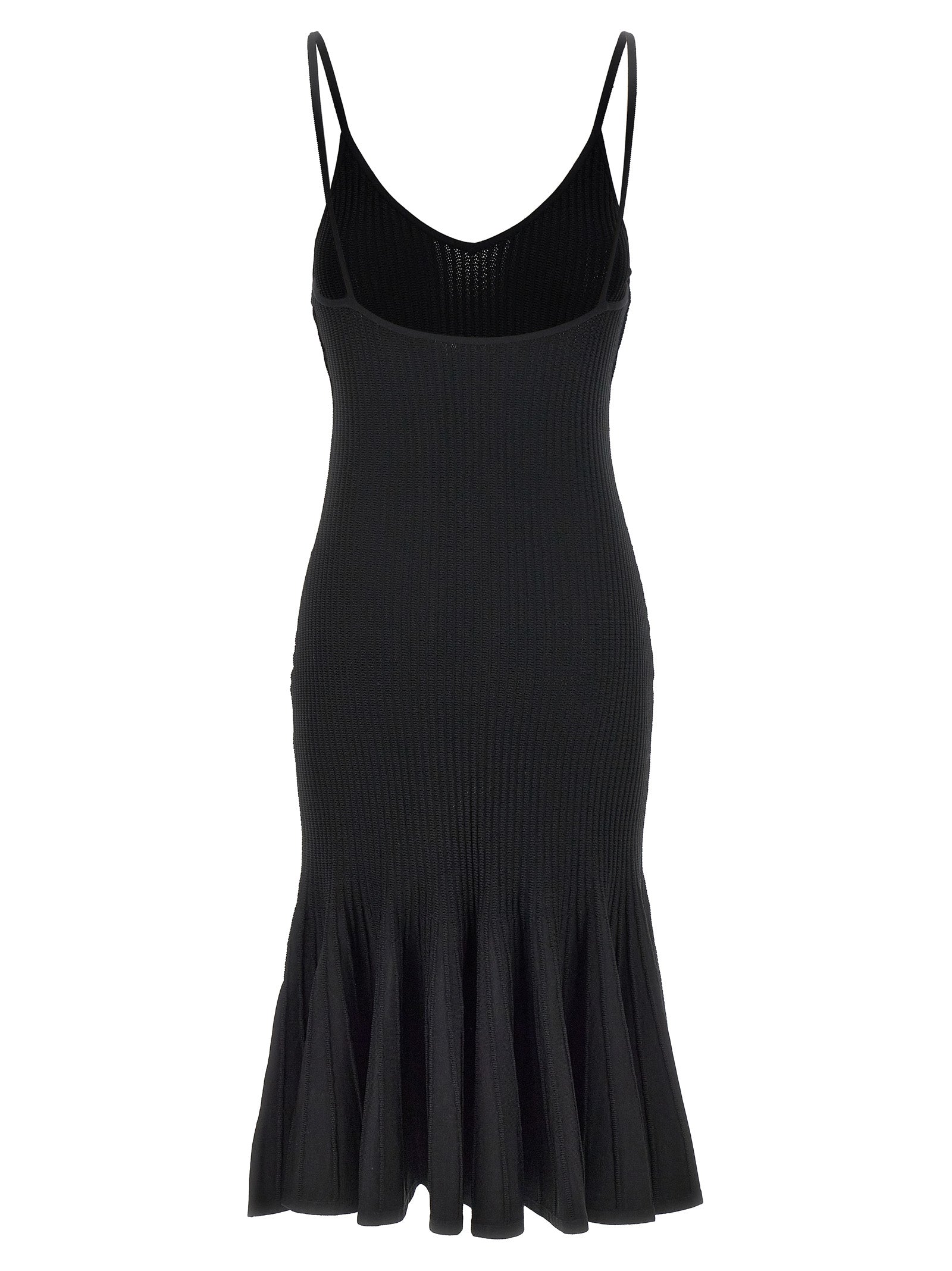 Dress by Khaite for women in polyamide polyester viscose black features an sultry silhouette defined by a v-neck neckline and , falling to an sultry midi for a sultry look.