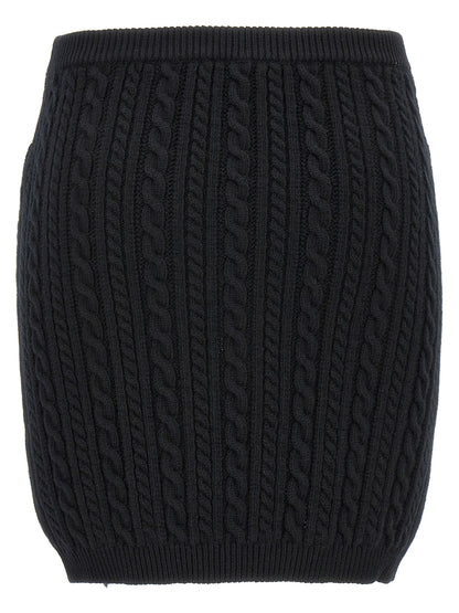 Skirt by Alessandra Rich for women in wool black features a contoured silhouette from the Women's Wool Maxi Long Skirt collection, characterized by its contoured maxi long for a contoured finish.