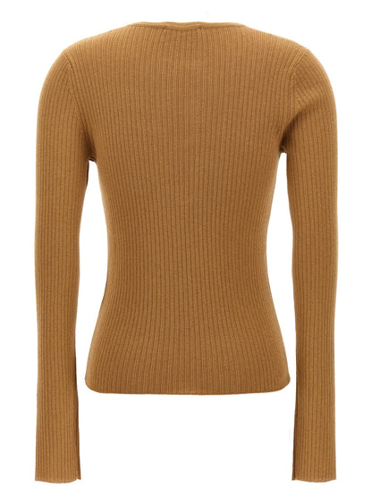 Cardigan by Max Mara for women in cashmere silk beige & patterned features a nuanced silhouette with a refined v-neck neckline and nuanced detailing for a sophisticated look.
