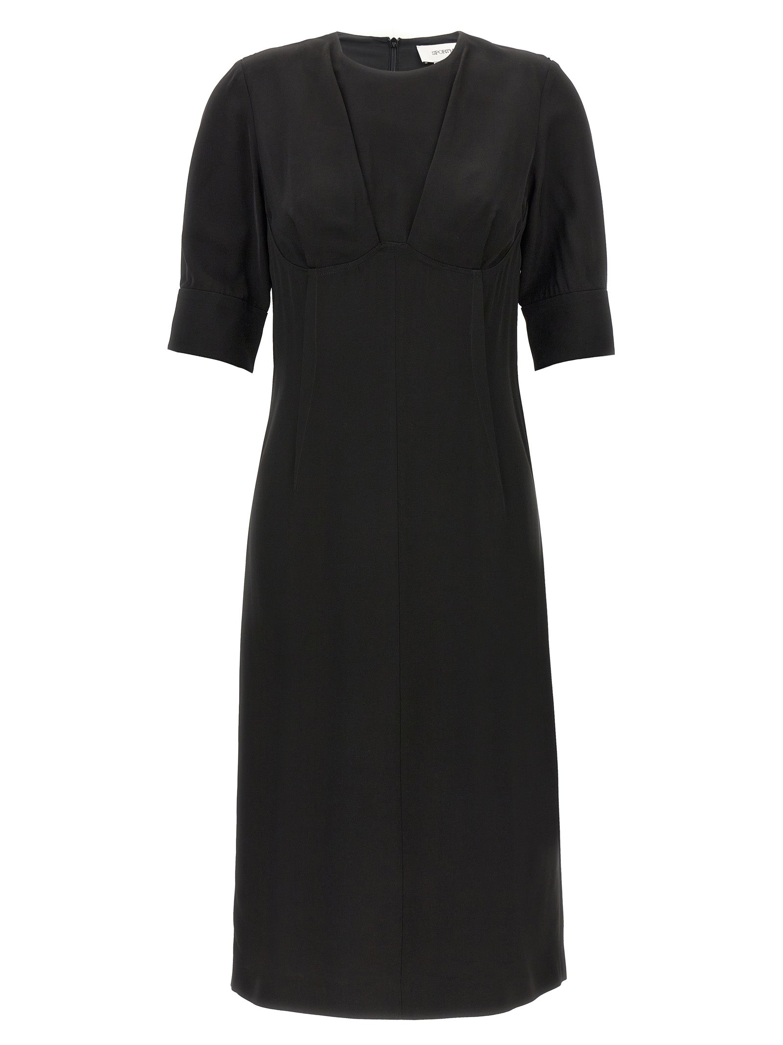 Dress by Sportmax for women in viscose black presents a sinuous silhouette, showcasing a sophisticated crew neckline and short-sleeve detailed with a sinuous midi short for a refined finish.