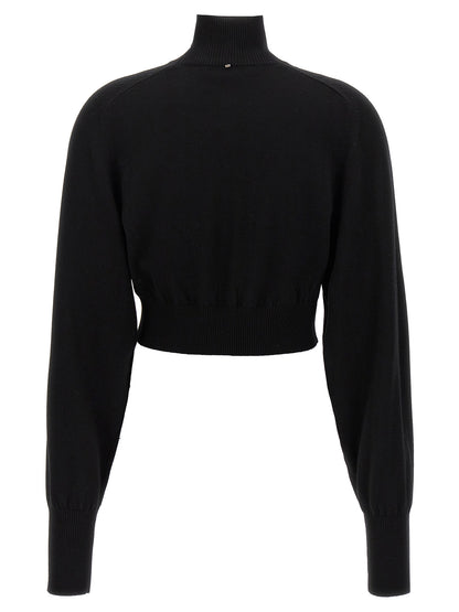 Cardigan by Sportmax for women in virgin wool black features a dramatic silhouette, showcasing a sophisticated turtle high-neck neckline and dramatic detail for a timeless, premium look.