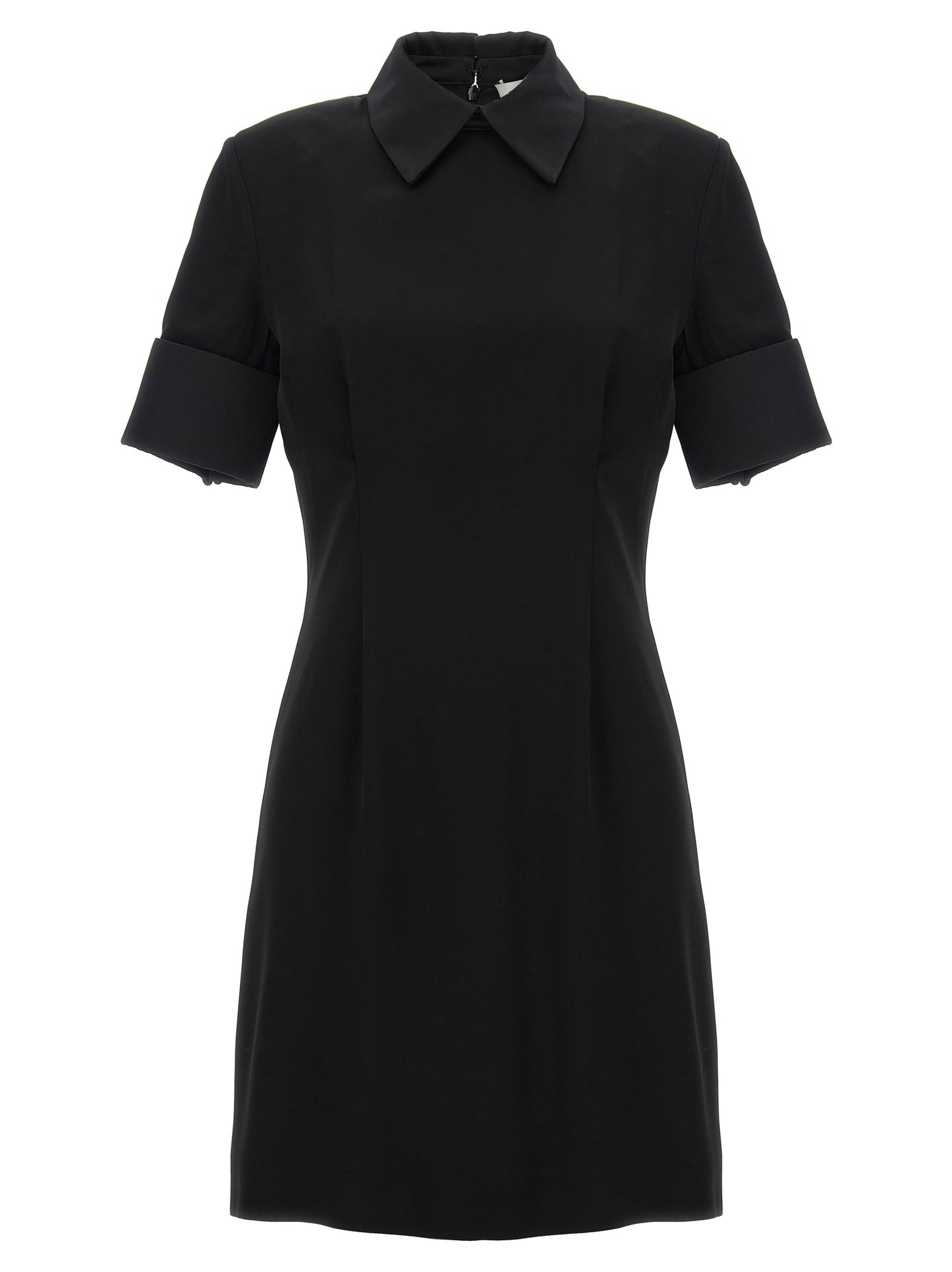 Dress by Sportmax for women in satin viscose black features an eye catching silhouette with a sophisticated , elegant , and a refined short mini for a eye catching aesthetic.